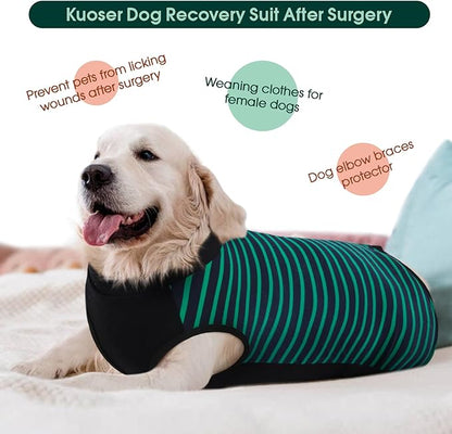Kuoser Dog Recovery Suit, Anti Licking Dogs Rear Leg Sleeve, Abdominal Dog Surgical Suit with Pants Cover Protect Wounds, Dogs Elbow Protector Soft Pet Surgery Onesie Cone Alternative, Green 4XL