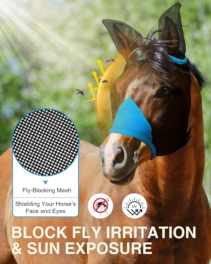 Hilltown Adjustable Fly Mask for Horse with Ears - UV-Block, Large Eye Space, Breathable, Built to Last, Comfort Fit - Horse Fly Mask for Daily Stable, Hot Weather Riding & Competition - Cob, Blue
