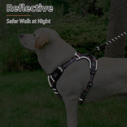 PUPTECK No Pull Dog Harness for Large, Adjustable Reflective Dog Harness with Handle Easy Control, Comfortable Soft Padded Pet Vest Harness for Large Dogs, Plaid Black XL