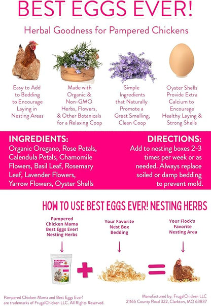 Pampered Chicken Mama Best Eggs Ever! Nesting Herbs for Chickens (2 Pounds Total) for Chicken Nesting Boxes Calcium Supplement for Chickens | Chicken Feed Supplies, Hen Treats for Coops (2 Bags)
