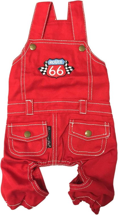 Parisian Pet Denim Overall - Embroidered “ Route 66 “ Red Dog Jumpsuit - Breathable Dog Costume - Machine Washable Dog Outfit - Dog Overalls for Small Dogs - S