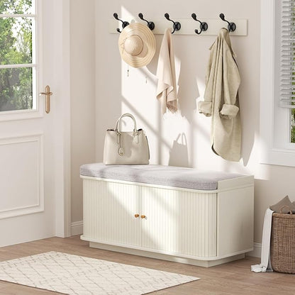 Cream White 39.4" W 2-Tier Shoe Bench with Storage | Entryway Bench with Padded Cushion, Sliding Doors & 5 Hooks