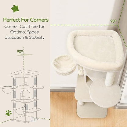 Globlazer Corner Cat Tree Tower with Scratching Post for Indoor Cats, 51in Plush Multi-Level Cat Tower with Large Hammock, Fan-Shaped Padded Perch, Spacious Cat Condo, Hanging Basket, C51, Light Beige