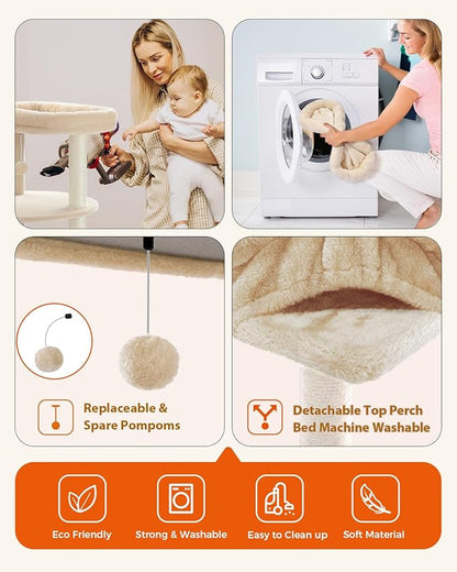 PETEPELA 61" Cat Tree for Indoor Cats, [6-Levels] Cat Climbing Tower with 9 Sisal Scratching Posts and Replaceable Dangling Ball &Top Perch, Beige