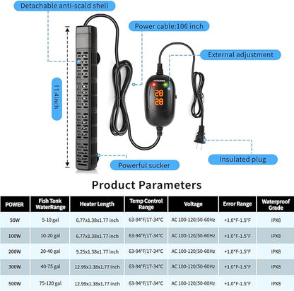 HiTauing Aquarium Heater, 50W/100W/200W/300W/500W Submersible Fish Tank Heater with Over-Temperature Protection and Automatic Power-Off When Leaving Water for Saltwater and Freshwater