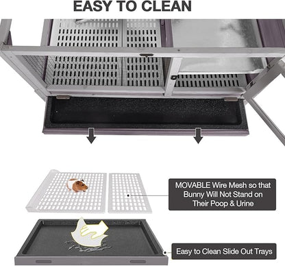 Guinea Pig Cage Indoor with Wheels Rabbit Hutch with Removable Proof Tray and Cool Zinc Plate Chew-Resistant Metal Frame Hamster Cage with Elevated Legs 36.6" L（Grey）