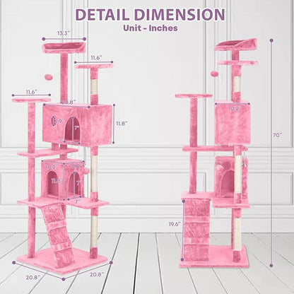 70" Pink XL Cat Tower for Indoor Cats – Multi-Level Condo with Scratching Posts & Hanging Toys