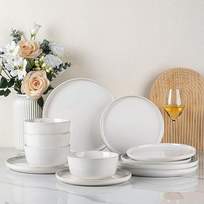 GBHOME Ceramic Dinnerware Sets for 4, 12 Pieces Stoneware Plates and Bowls Sets, Reactive Glaze Dishes -Scratch Resistant, Dishwasher&Microwave Safe-Star White