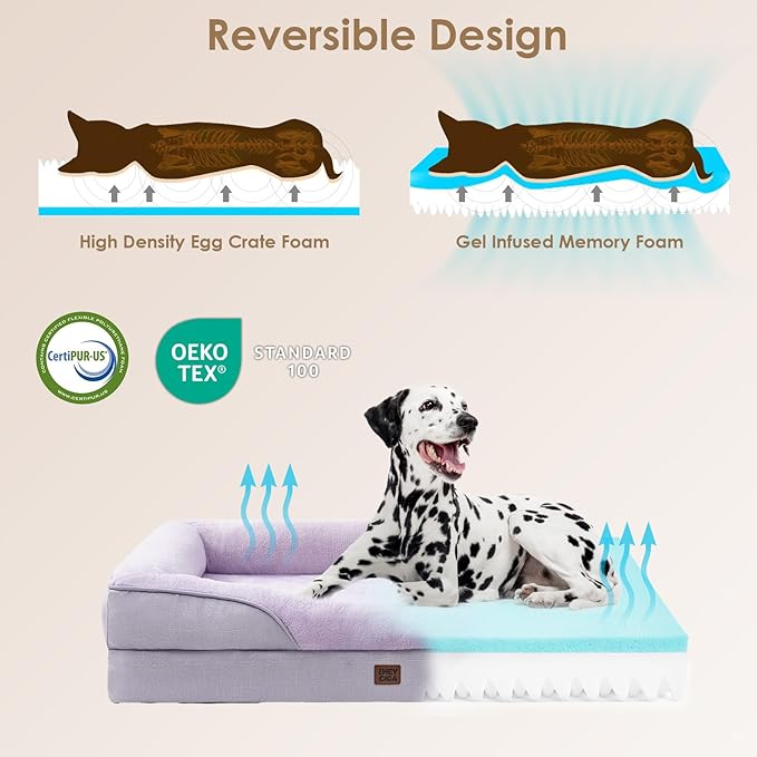 EHEYCIGA Memory Foam Dog Bed for Large Sized, Orthopedic Dog Sofa with Sides and Waterproof Liner, Washable Bolster Pet Couch with Removable Cover, 41x27x7.5 Inch, Purple