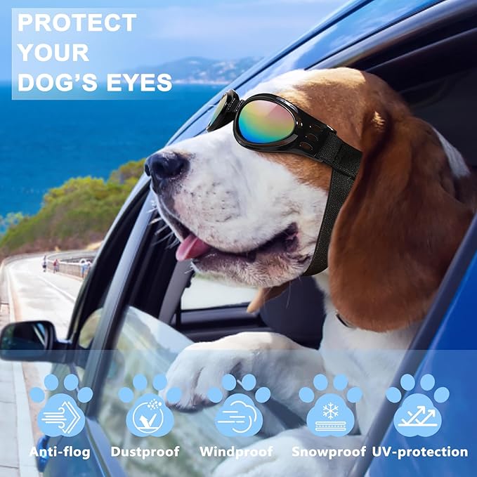 QUMY Dog Sunglasses Dog Goggles for Medium Large Breed Dogs, Wind Dust Fog Protection Eye Wear Pet Glasses with Adjustable Strap for Motorcycle Car Driving Bike Riding Hiking Swimming Over 15lbs Blue