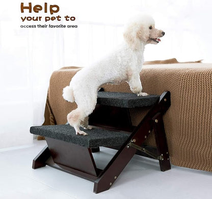 MEWANG Wooden Pet Stairs/Pet Steps - 2-in-1 Foldable Stairs & Ramp for Beds and Cars - Portable Dog/Cat Ladder Up to 110 Pounds