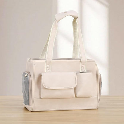 Dog Carrier Purse, Fashion Leather Pet Carrier Bag, Airline Approved Soft Sided Cat Travel Tote Bag with Pockets White