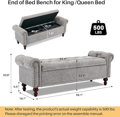 58.1'' Storage Bench Upholstered Chenille End of Bedroom Bed Bench Ottoman with Tufted Cushioned Rolled Arm Large Storage Space for Reading Living Room Entryway, Light Grey