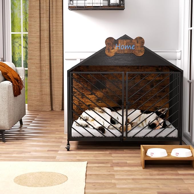 Furniture-Style Dog Crate with Gable Roof Design, Double Locking Doors Indoor Kennel for Small & Medium Dogs, Chew-Proof Escape-Proof Dog Cage, Rustic Brown