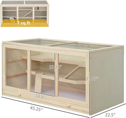 PawHut 45" Extra Large Wooden Hamster Cage, 3-Layer Chewproof Rat Cage with Opening Roof, Hut, Ramps, for Gerbil, Dwarf & Syrian Hamsters, Natural
