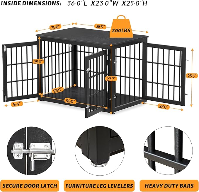38 Inch Heavy Duty Dog Crate Furniture for Large and Medium Dogs, Decorative Pet House End Table, Wooden Cage Kennel Furniture Indoor, Black