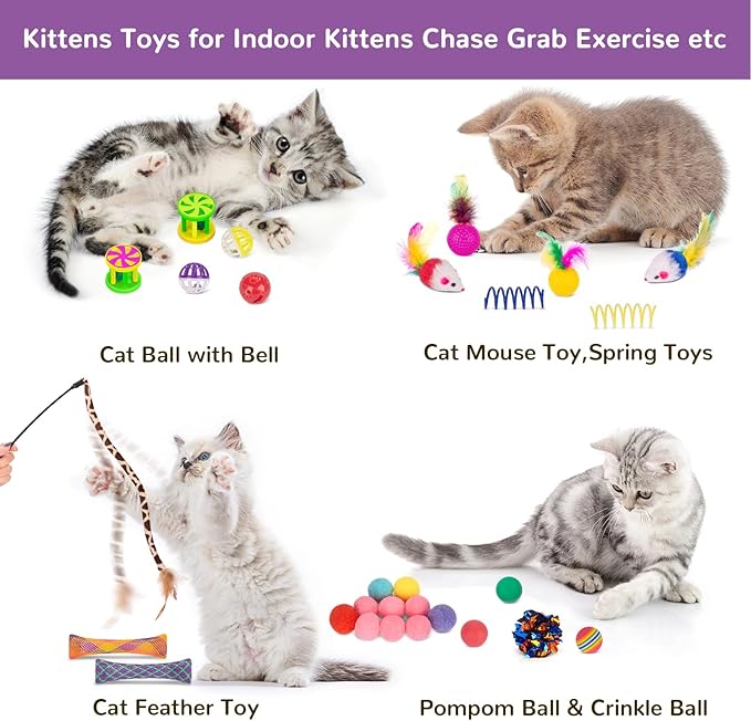 Retro Shaw Cat Toys Kitten Toys, Interactive Cat Tunnels Toy for Indoor Cats Kitty, Kitten Tube Tent Feather Wand Teaser Bell Fuzzy Ball Springs Mouse (33 Pcs Large Cat Tunnel Toys Set)