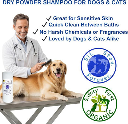 Sit Stay Forever Dry Powder Shampoo for Dogs, Dry Shampoo for Smelly Dogs and Cats, Talco para Perros y Gatos, Shampoo for Stinky and Itchy Skin, Waterless Dog Shampoo, 28 oz