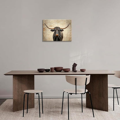 Rustic Highland Cow Pictures Wall Art, Farmhouse Longhorn Bull Bathroom Wall Decor Black Cow Framed Painting Canvas Artwork for Bathroom Bedroom Living Room Decorations 16"L x 12"W