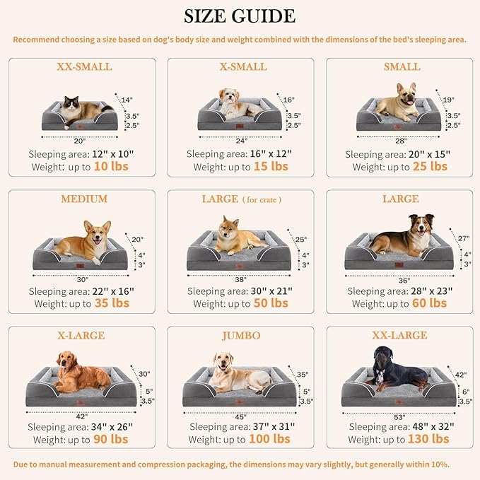 Comfort Expression XXL Orthopedic Dog Bed for Extra Large Dogs, Waterproof Orthopedic Foam Dog Beds, Washable Dogs Sofa Beds with Removable Cover & Non-Slip Bottom(XX-Large,Grey)