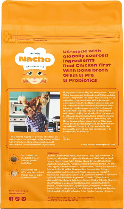 Made by Nacho Dry Cat Kibble 2lb Bag, High Protein Premium Cat Food with Freeze-Dried Pieces, Cage-Free Chicken, Duck & Quail, Limited Ingredients, Single Bag