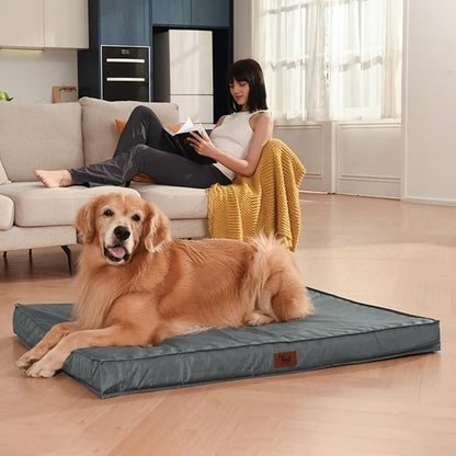 Outdoor Extra Large Dog Crate Bed, Big Waterproof Dog Bed for Large Dogs, Orthopedic Egg Foam Pet Bed Mat with Removable Cooling Cover, Grey