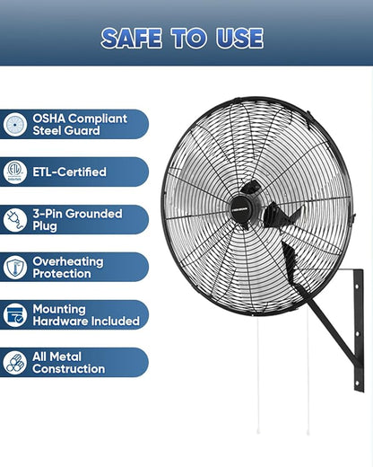 KEN BROWN 20 Inch Industrial Oscillating Wall Mount Fan 5500CFM,Heavy Duty,High Velocity,3- Speed,Black