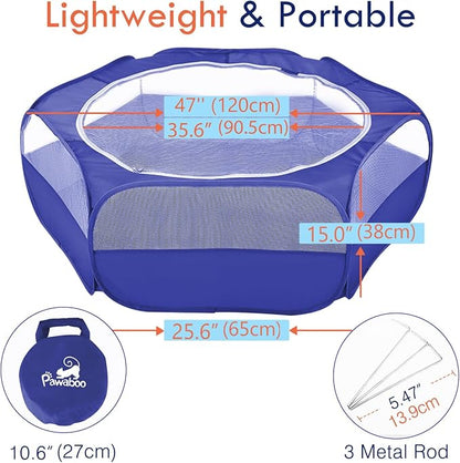 Pawaboo Small Animals Playpen, Waterproof Small Pet Cage Tent with Zippered Cover, Portable Outdoor Yard Fence with 3 Metal Rod for Chick/Kitten/Puppy/Guinea Pig/Rabbits/Hamster/Chinchillas,Indigo