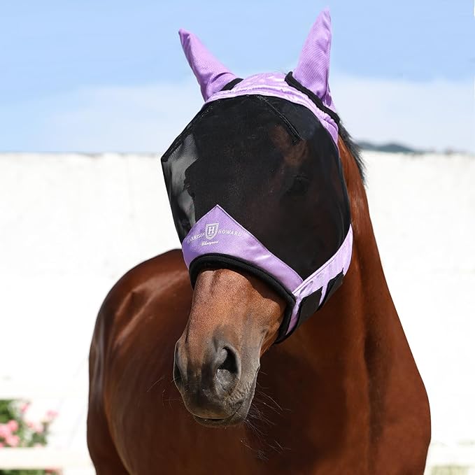 Harrison Howard Pro Luminous Horse Half Face Fly Mask Large Eye Space with Ears UV Protection for Horse Gentle Lavendar S