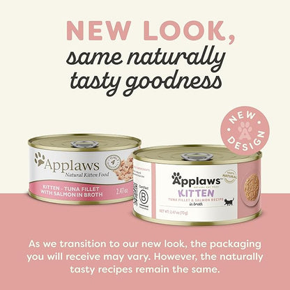 Applaws Natural Wet Kitten Food in Broth, Limited Ingredient Canned Wet Kitten Food, No Additives, Made with Natural Ingredients, Tuna Fillet & Salmon in Broth (24 x 2.47oz Cans)