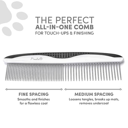 Poodle Pet Dog Combs for Grooming | 2 Pack | Stainless Steel Teeth Easily Remove Dirt | Proper Care Prevents Knots and Mats for Long and Short Haired Pets | Anti-Slip Comfort Grip Handle (Black)