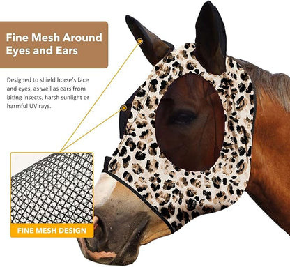 Harrison Howard Super Comfort Stretchy Fly Mask Large Eye Space with UV Protection Soft on Skin with Breathability Leopard Print XL Extra Full Size