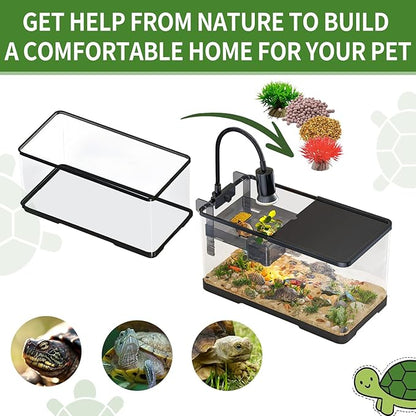 (Tank + Light + Filter + Filter Balls) Turtle Tank Kit, Turtle Tank Starter Kit,Bottom Drainage, Multi-Function Areas for Turtles, Crabs,Fishes, Amphibians,Reptiles. (21.65 × 12.28 × 12.28 Inch)