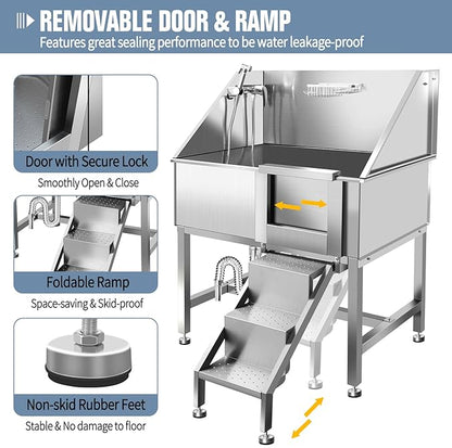 38" Pet Dog Bathing Station W/Ramp, Professional Stainless Steel Dog Grooming Tub W/Floor Grate, Faucet, Dog Bathtub for Large,Medium, Small Pets, Washing Sink for Home,R-RAMP
