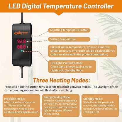 azw Aquarium Heater 300W/500W/800W, Fish Tank Heater with Digital LED Controller, Frequency Conversion Energy Saving, IPS Anti-Boiling Fish, Multiple Intelligent Protection for Freshwater/Saltwater