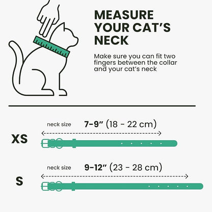 BRONZEDOG Leather Cat Collar with Removable Bells Non Breakaway Kitten QR Tag for Girl Boy (9" - 12" Cats/Mini Dogs, Green & Gold)