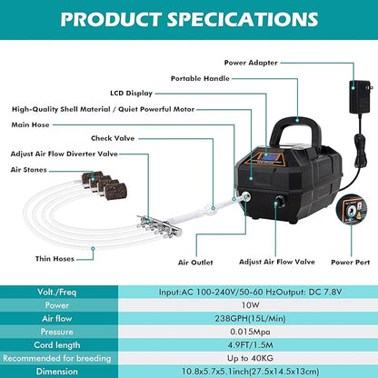 hygger Rechargeable Aquarium Pond Air Pump, Powerful Quiet Commercial Tank Air Pump with Hose Air Stone Check Valve Adjustable Flow Diverter Valve for Fishing Yacht/Power Outages/Hydroponic