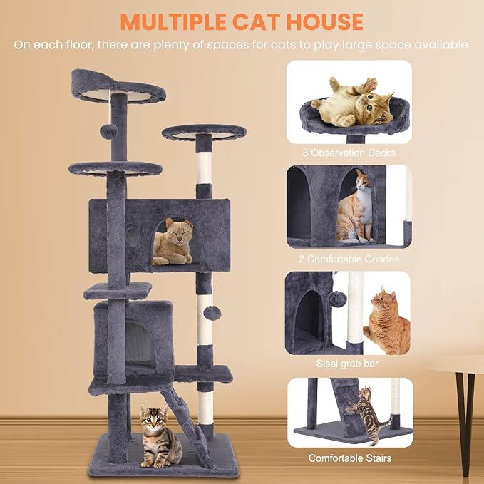 54.7" Ashy Cat Tower for Indoor Cats – Multi-Level Condo with Scratching Posts & Hanging Toys