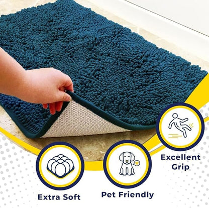 Muddy Mat® AS-SEEN-ON-TV Highly Absorbent Microfiber Door Mat and Pet Rug, Non Slip Thick Washable Area and Bath Mat Soft Chenille for Kitchen Bedroom Indoor and Outdoor - Atlantic Blue 3ft x 8ft