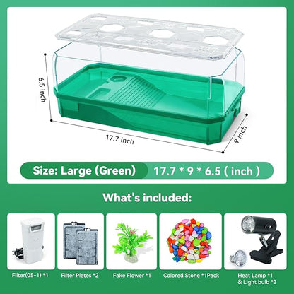 Aquatic Turtle Tank Habitat Kit Stone+Filter+Heat Lamp Enhancing Interaction with 360° Viewing, Standalone Filtration, DIY Creative Zone, Enriched Living (Green, Large[with Light])