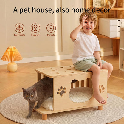 4-in-1 Wooden Cat Cave Bed & Side Table with Washable Cushion