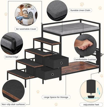 Dog Window Perch with 360° & Adjustable Raised Feeder, Pet Bunk Bed with Removable Stair and 2 Drawers, Elevated Platform Bed, Pet Elevated Seat with Cushion, Paw-Friendly Ladder