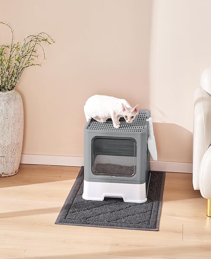 Cat Litter Box with X-Large Litter Mat and Scoop, Large Foldable Litter Box with Lid, Enclosed Kitty Box,Front Top Entry Exit, Odor Control Easy to Clean (Upgrade Dark Grey)