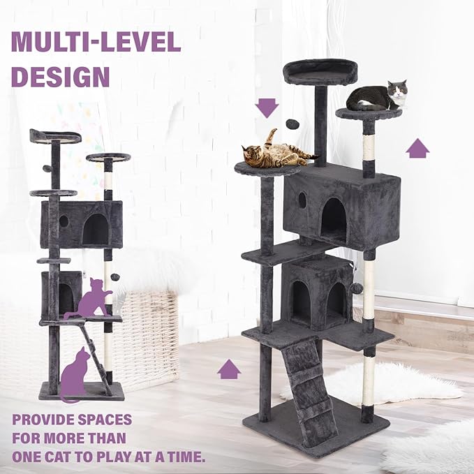 70" Light Gray XL Cat Tower for Indoor Cats – Multi-Level Condo with Scratching Posts & Hanging Toys