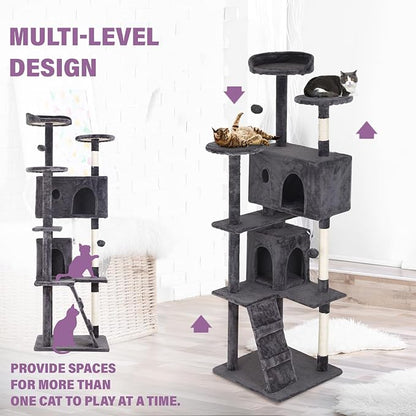 70" Light Gray XL Cat Tower for Indoor Cats – Multi-Level Condo with Scratching Posts & Hanging Toys
