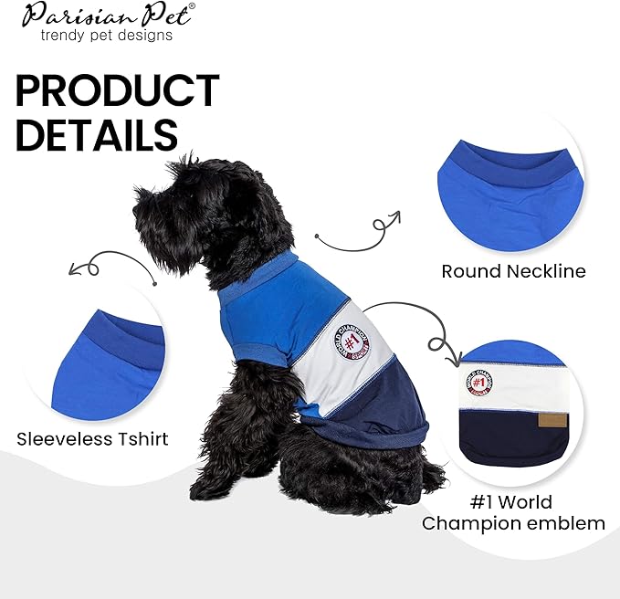 Parisian Pet Embroidered 'Worlds Champion' Dog Shirt - Lightweight Sleeveless Color Block Tee - Machine Washable for Small Dogs