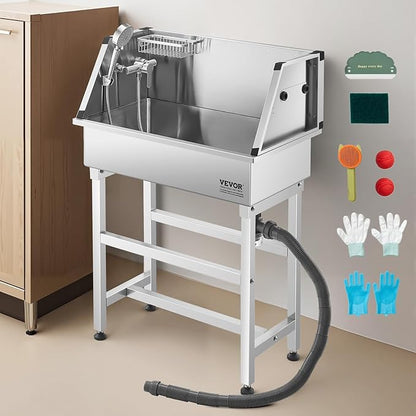 VEVOR Stainless Steel Dog Washing Station, 34 inch Pet Grooming Tub w/Faucet & Showerhead & Soap Holder & Play Balls Simple Dog Bathtub for Multiple Pets, Home Washing Sink
