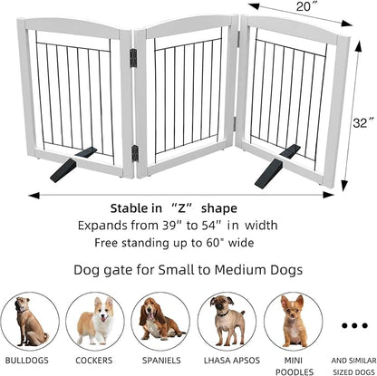 ZJSF Freestanding Dog Fence Indoor, Foldable Dog Gate for Doorways, Stairs or Hallways, Sturdy Wood Extra Wide Pet Gate with Support Feet for The House, White, 32 "Height-3 Panels
