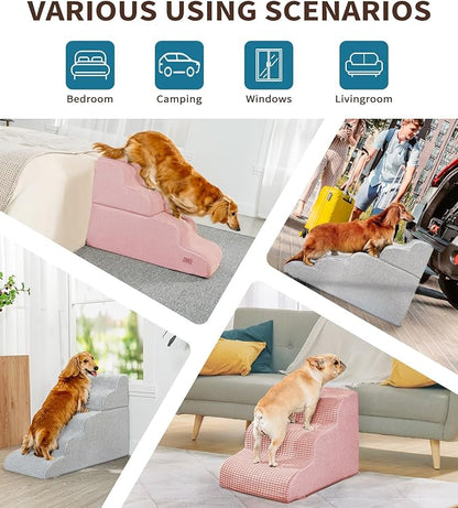 Dog Step for Bed, Dog Stair 5-Step 35D Pet Stair 22.8" H for High Bed or Sofa Non-Slip Balanced Pet Step Indoor, Pink