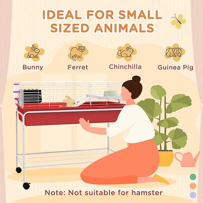 PawHut Two-Story Small Animal Cage Removable from Stand, Guinea Pig Cage with Shelf & Wheels, Pet Habitat for Hedgehog, Chinchilla, Ferret, 39" x 20.5" x 36.5", Red